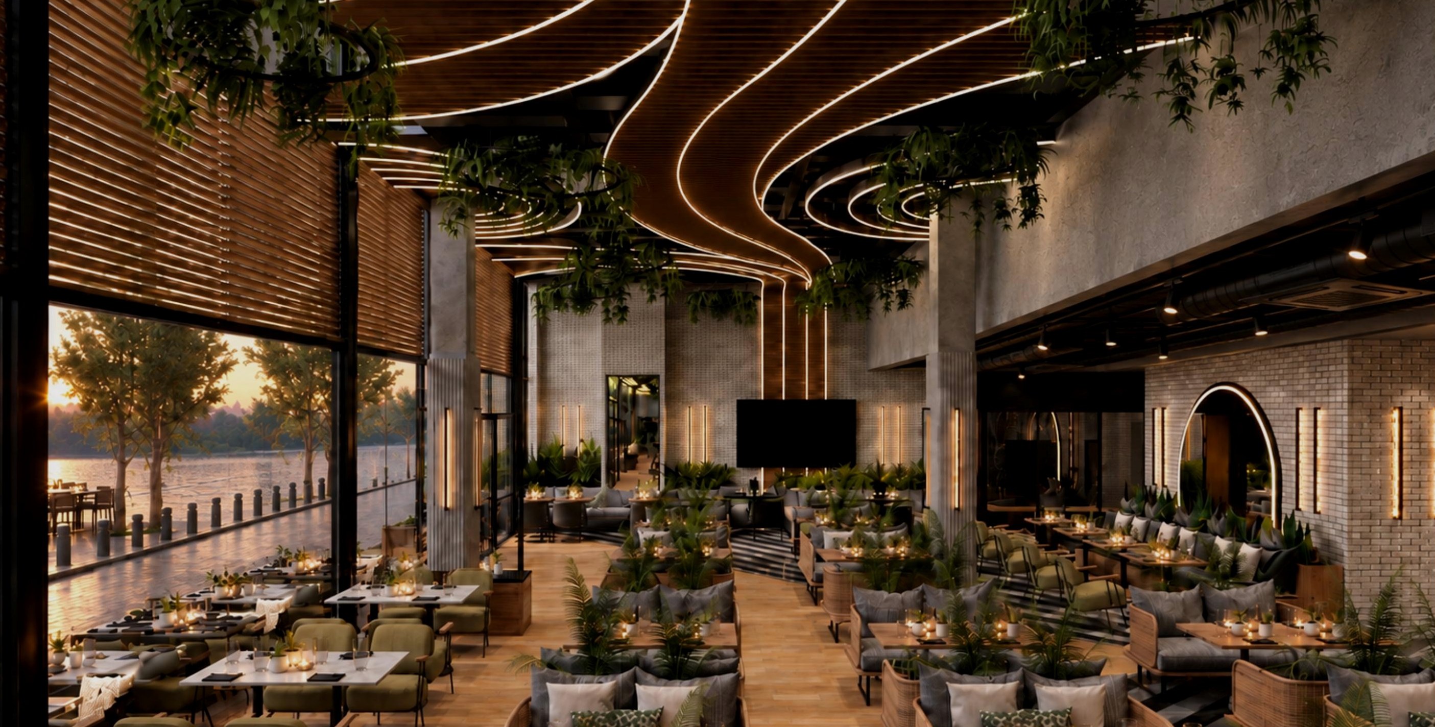 Het restaurant van Ottoman Amsterdam — golvend verlichtingsplafond boven de gedekte tafels